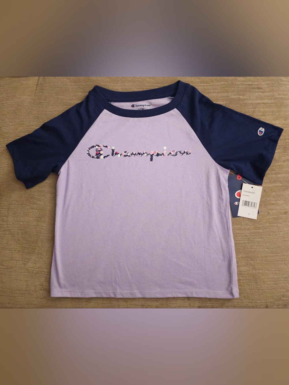 NWT Champion Girls Raglan Graphic Tee Lavender & Navy Blue Size S(7/8)